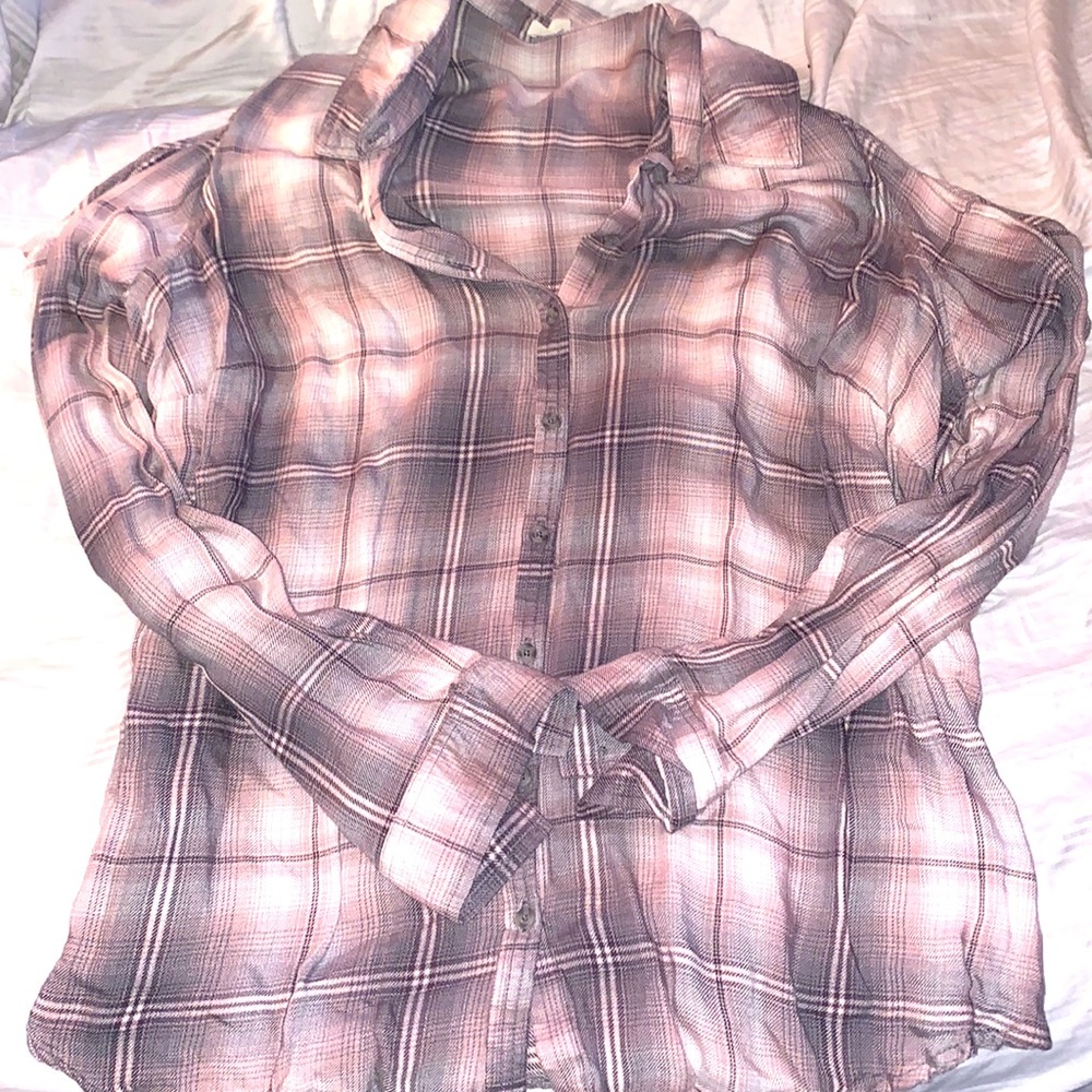 Pink and Grey Button Up off the shoulder on both sides.